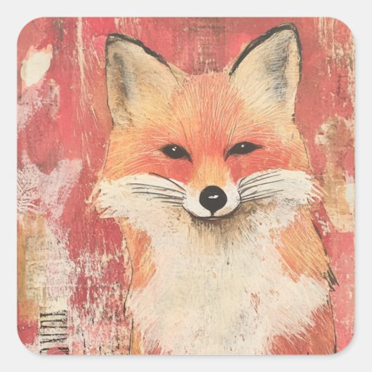 Schattigee Red Fox Mixed Media Vierkante Sticker (Voorkant)