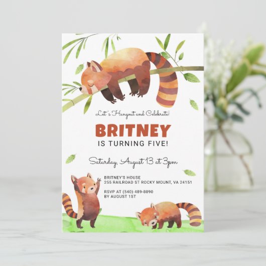 Schattigee Red Panda Kids Verjaardagsfeestuitnodig Kaart (Staand voorkant)