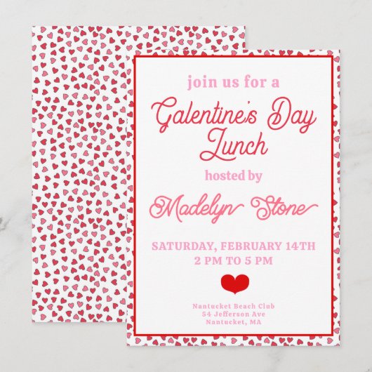 Schattigee Red & Pink Hearts Galentine's Day Lunch Kaart (Voorkant / Achterkant)