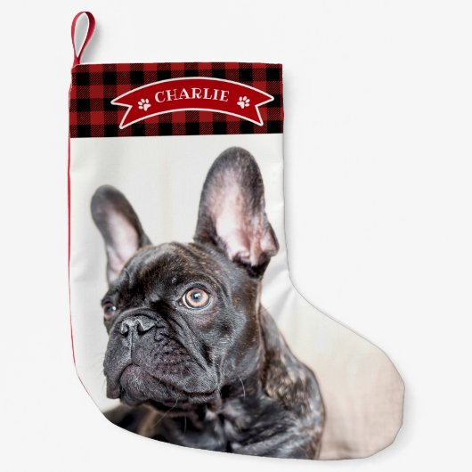 Schattigee Red Plaid Feestelijke Custom Photo Pet  Kleine Kerstsok (Voorkant)