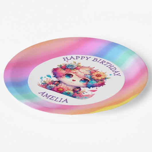 Schattigee regenboog anime hond verjaardagstaart g papieren bordje (Gekanteld)