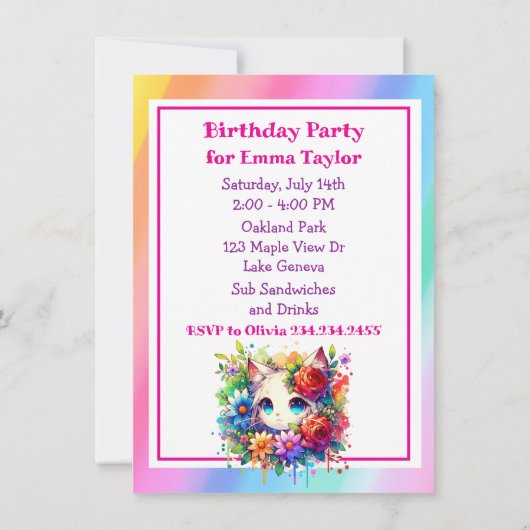 Schattigee regenboog anime meisje en kitten verjaa kaart (Achterkant)