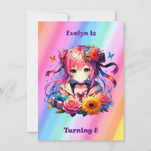 Schattigee regenboog anime meisje en kitten verjaa kaart (Voorkant)