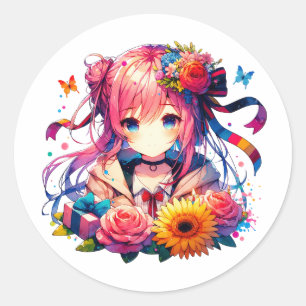 Schattigee regenboog anime meisje en kitten verjaa ronde sticker