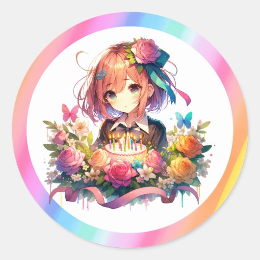 Schattigee regenboog anime meisje verjaardagstaart ronde sticker (Voorkant)