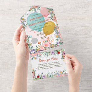 Schattigee regenboog Ballon waterverf floral baby  All In One Uitnodiging