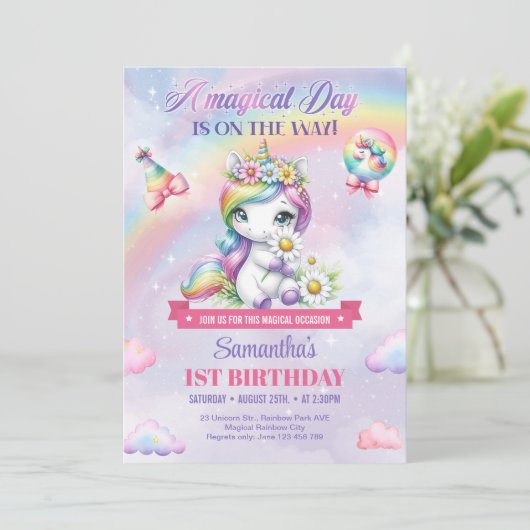 Schattigee Regenboog Eenhoorn En Sparkles 1e Verja Kaart (Staand voorkant)