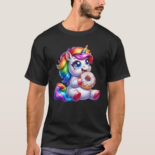 Schattigee Regenboog Eenhoorn Eten Donut Lover Fun T-shirt (Voorkant)