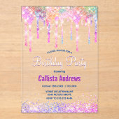 Schattigee Regenboog Eenhoorn Glitter Druppels Ver Acryl Uitnodigingen (Voorkant)