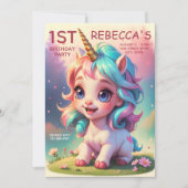 Schattigee regenboog eenhoorn meisje 1e verjaardag kaart (Voorkant)