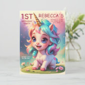 Schattigee regenboog eenhoorn meisje 1e verjaardag kaart (Staand voorkant)