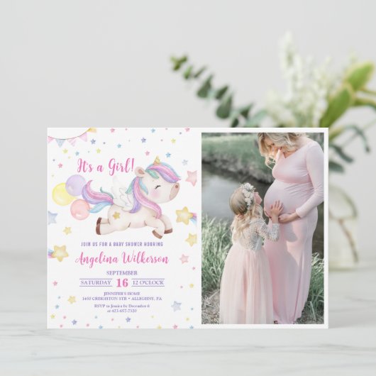 Schattigee regenboog eenhoorn meisje Baby shower f Kaart (Staand voorkant)