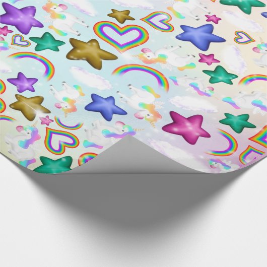 Schattigee regenboog eenhoorn pastel roze inpakpap cadeaupapier (Hoek)