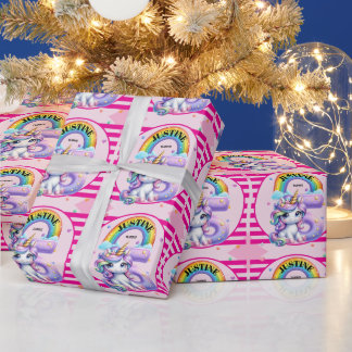 Schattigee regenboog en eenhoorn 5e verjaardag cadeaupapier