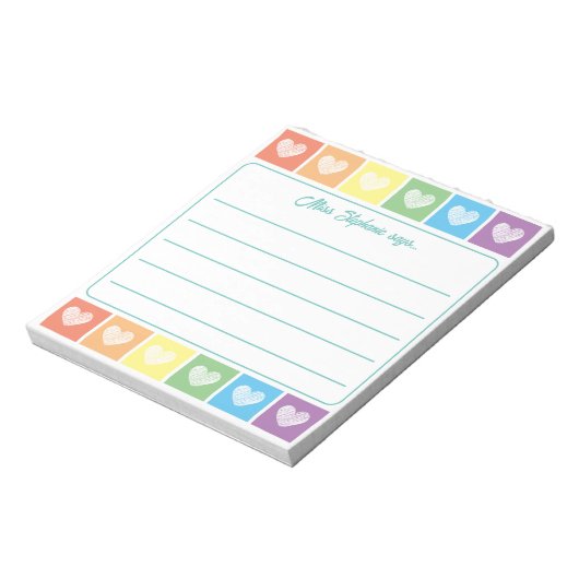 Schattigee Regenboog en Harten Leraar Naam Notitie Notitieblok (Linkerzijde)
