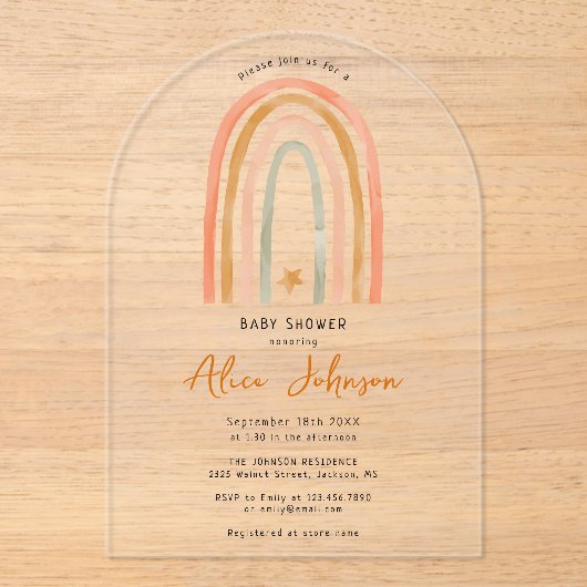 Schattigee regenboog en ster Boho Baby shower gebo Acryl Uitnodigingen (Voorkant)