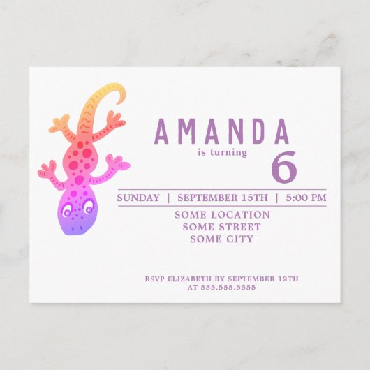 Schattigee regenboog gekko hagedis verjaardagsfees uitnodiging briefkaart (Achterkant)