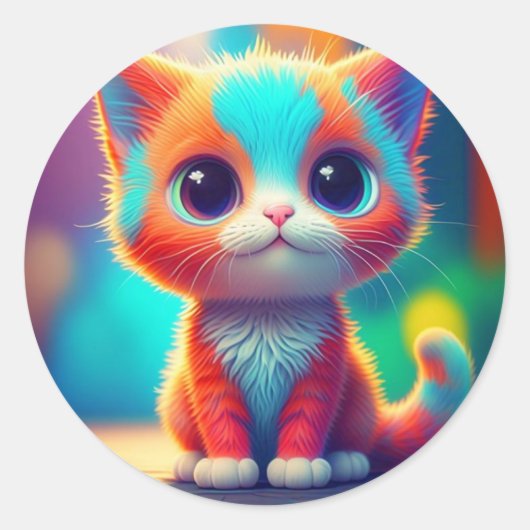 Schattigee regenboog gekleurde Sitting Kitten Cart Ronde Sticker (Voorkant)