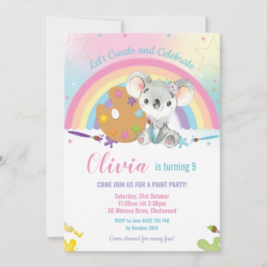 Schattigee Regenboog Koala Art Paint Verjaardagsfe Kaart (Voorkant)