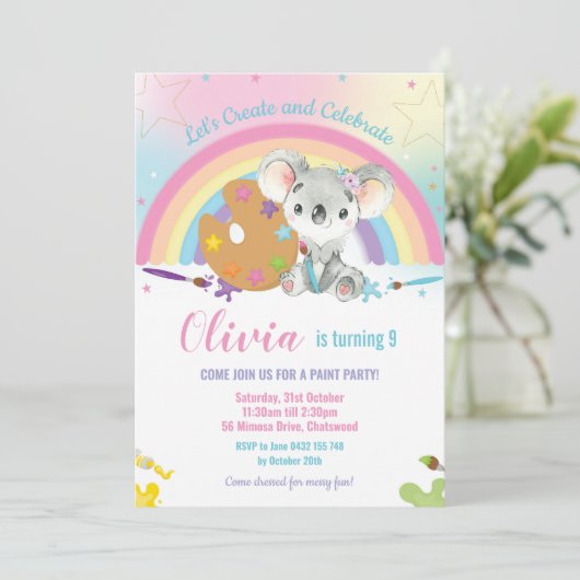Schattigee Regenboog Koala Art Paint Verjaardagsfe Kaart (Staand voorkant)