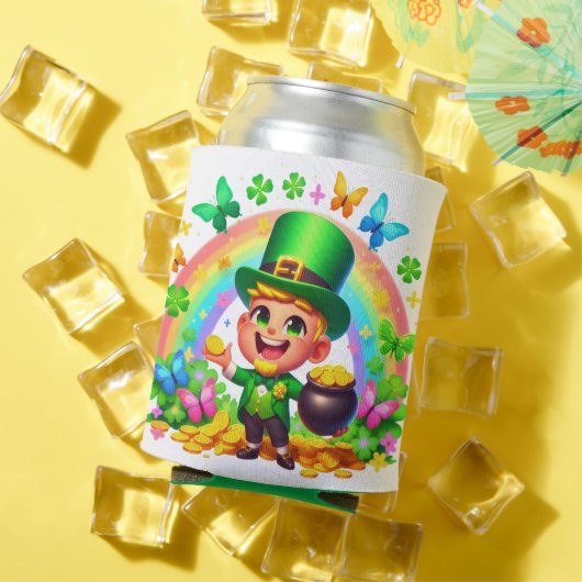 Schattigee Regenboog Leprechaun met Goud Blikjeskoeler (Insitu Zomer)