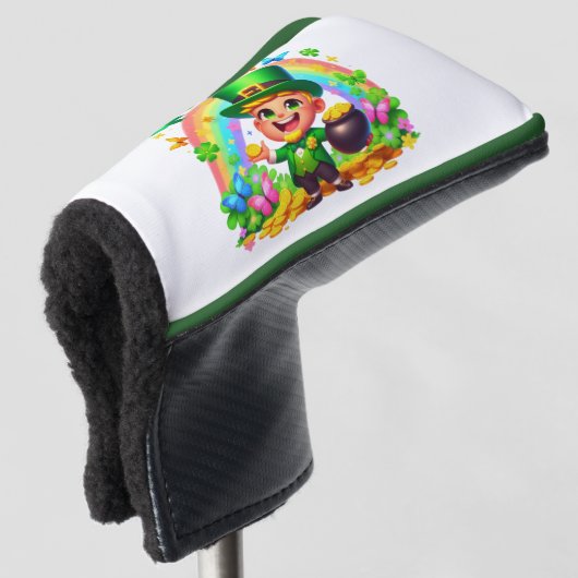 Schattigee Regenboog Leprechaun met Goud Golfheadcover (3/4 voorkant)