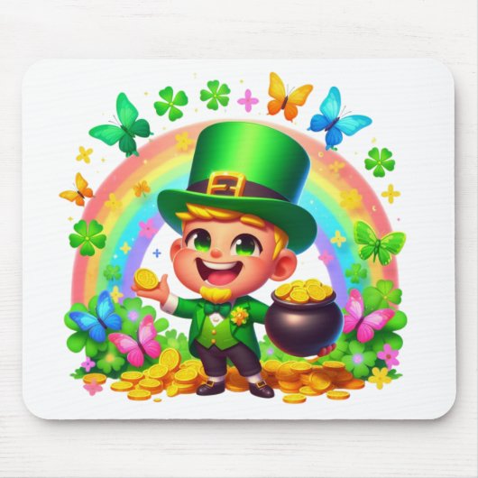 Schattigee Regenboog Leprechaun met Goud Muismat (Voorkant)