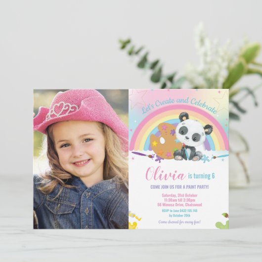 Schattigee Regenboog Panda Art Party Verjaardagsfo Kaart (Staand voorkant)