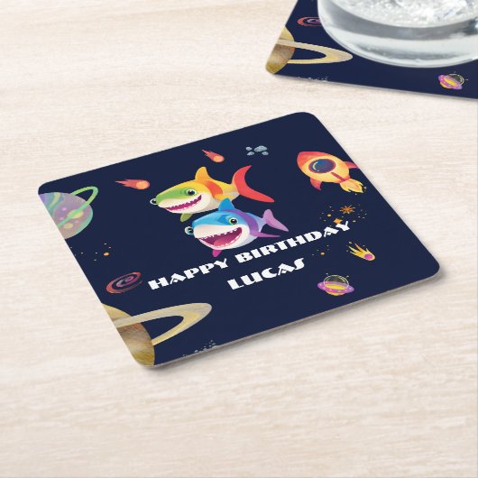 Schattigee regenboog Shark Galaxy Rocket verjaarda Kartonnen Onderzetters (Schuin)