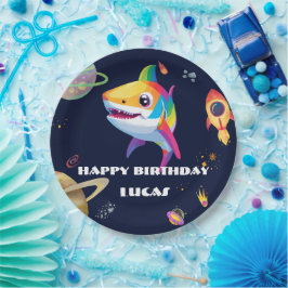 Schattigee regenboog Shark Galaxy Rocket verjaarda Papieren Bordje