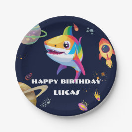 Schattigee regenboog Shark Galaxy Rocket verjaarda Papieren Bordje