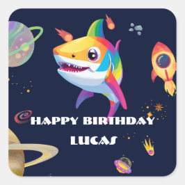 Schattigee regenboog Shark Galaxy Rocket verjaarda Vierkante Sticker