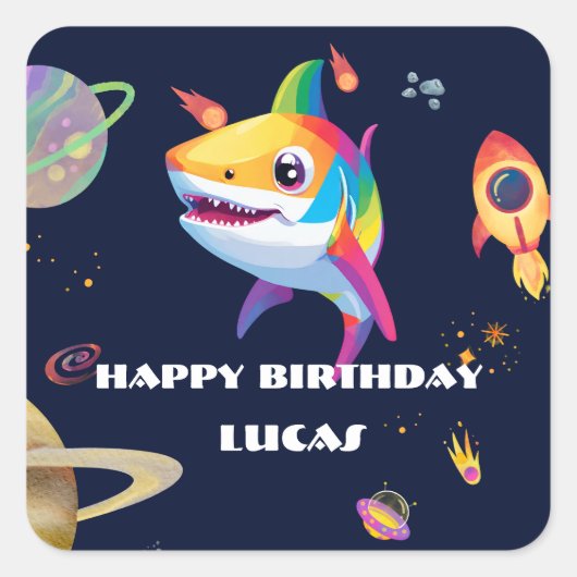 Schattigee regenboog Shark Galaxy Rocket verjaarda Vierkante Sticker (Voorkant)