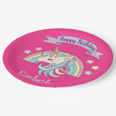Schattigee Regenboog & Sparkly Eenhoorn Heet Roze Papieren Bordje (Gekanteld)