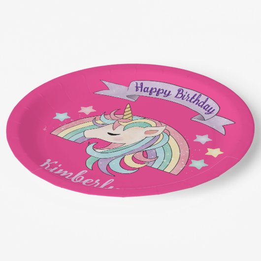 Schattigee Regenboog & Sparkly Eenhoorn Heet Roze  Papieren Bordje (Gekanteld)