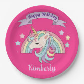 Schattigee Regenboog & Sparkly Eenhoorn Heet Roze Papieren Bordje (Voorkant)