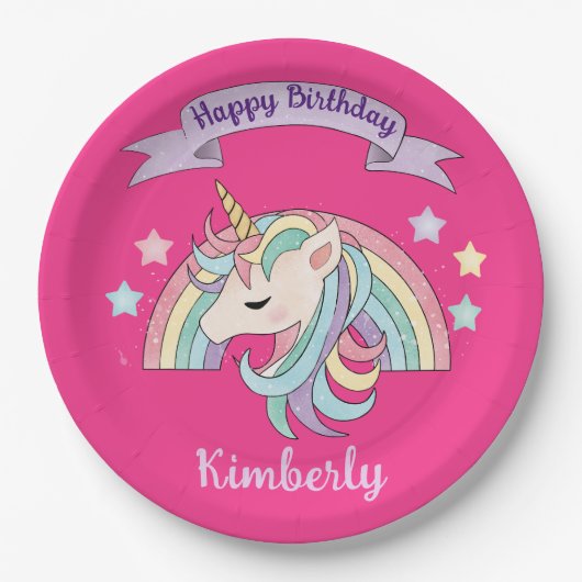 Schattigee Regenboog & Sparkly Eenhoorn Heet Roze  Papieren Bordje (Voorkant)