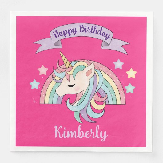 Schattigee Regenboog & Sparkly Eenhoorn Heet Roze  Servet (Voorkant)