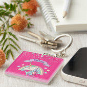 Schattigee Regenboog & Sparkly Eenhoorn Heet Roze  Sleutelhanger (Voorkant Rechts)
