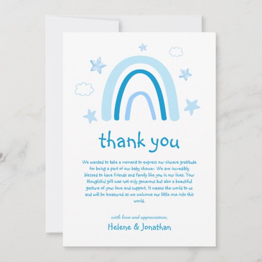 Schattigee Regenboog Waterverf Elegant Blauw Baby  Bedankkaart (Voorkant)
