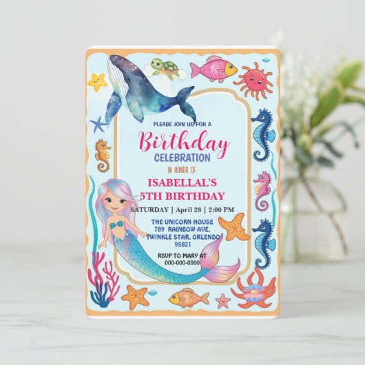 Schattigee regenboog zeemeermin schildpad walvis v save the date (Staand voorkant)