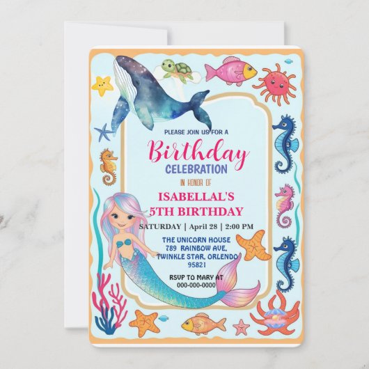 Schattigee regenboog zeemeermin schildpad walvis v save the date (Voorkant)