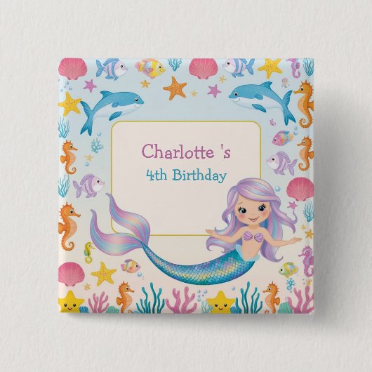 Schattigee regenboog zeemeermin vis haai walvis Ve Vierkante Button 5,1 Cm (Voorkant)