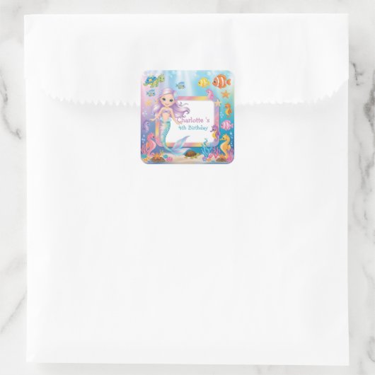 Schattigee Regenboog zeemeermin vis schildpad ster Vierkante Sticker (Tas)