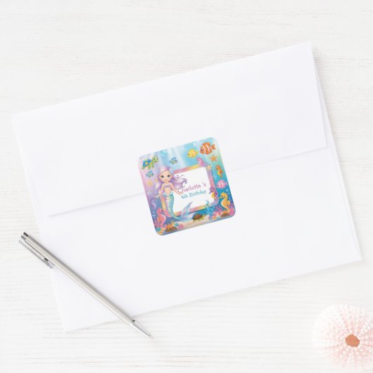 Schattigee Regenboog zeemeermin vis schildpad ster Vierkante Sticker (Envelop)