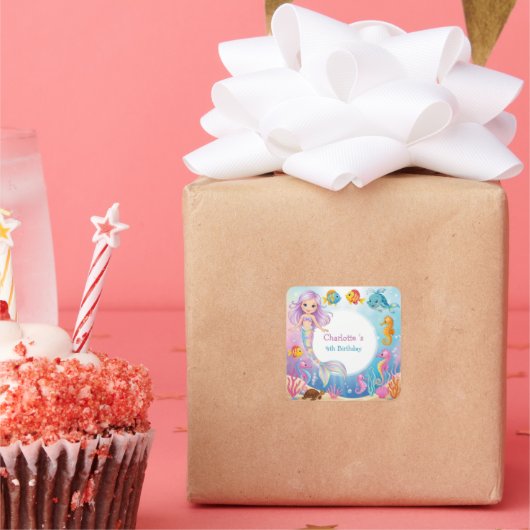 Schattigee Regenboog zeemeermin vis zeepaardje Ver Vierkante Sticker (Feest)