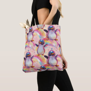 Schattigee regenboogpinguïns en sterrenpatronen tote bag