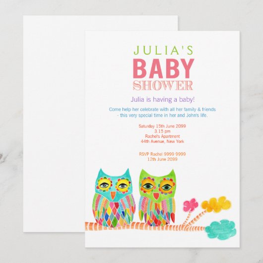 Schattigee regenbooguilen Baby shower Uitnodigen Kaart (Voorkant / Achterkant)