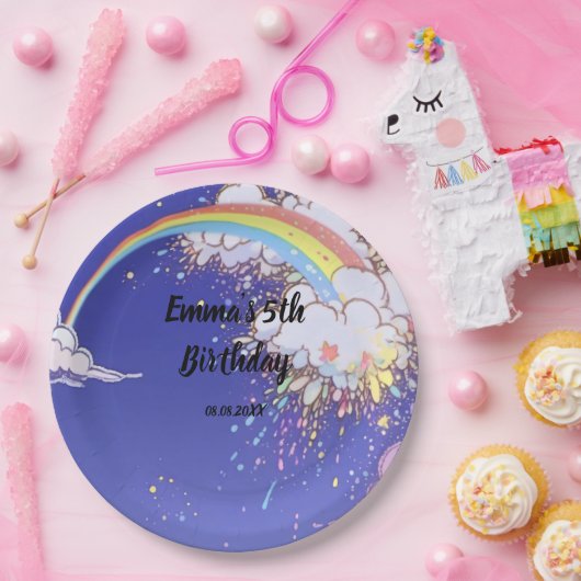 Schattigee regenboogwolken Verjaardag: pas uw fees Papieren Bordje (Feest)