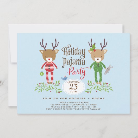 Schattigee rendier vakantie pyjama party uitnodigi kaart (Voorkant)